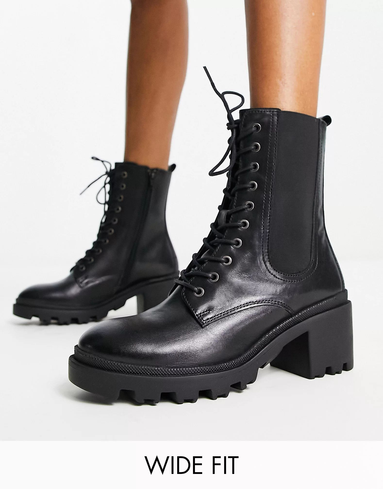Dune London Wide Fit cleated lace up heeled boot in black | ASOS (Global)
