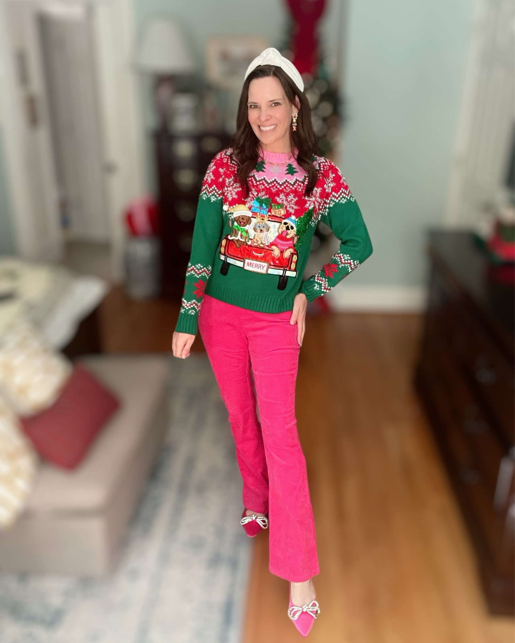 Festive Pup Parade Sweater 🎁🐾✨

The cutest Christmas sweater ever! This Walmart embellished holiday pullover is pure joy — the little pups riding in their festive car are absolutely adorable, and the sparkle detailing makes it feel extra special. I paired it with my pink corduroy flares for a bright, cheerful look that’s perfect for holiday parties, school events, cookie swaps, or any festive day where you want to feel comfy and fun. The chenille Walmart headband softens the look, and the BaubleBar gingerbread earrings add the sweetest holiday touch. Such an easy, colorful, happy outfit for the Christmas season! 🎄✨

Christmas sweater outfit, Walmart holiday sweater, festive outfit idea, holiday style, pink corduroy pants, BaubleBar Christmas earrings, cozy winter look, cheerful Christmas outfit, fun holiday vibes, budget-friendly holiday outfit.

#LTKHoliday #LTKSeasonal #LTKFindsUnder50
