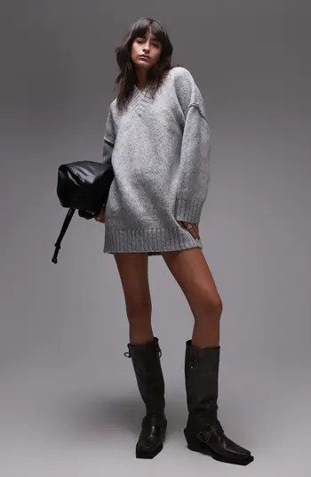 Topshop V-Neck Long Sleeve Rib Sweater Dress | Nordstrom | Nordstrom