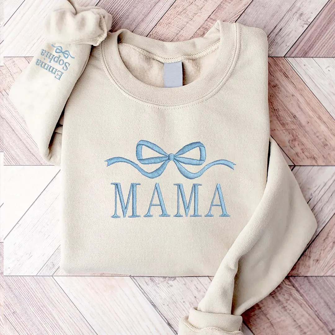 Cute and Trendy Mama Bow Embroidered Crewneck Sweatshirt With Name on Sleeve, Embroidered Simple ... | Etsy (US)