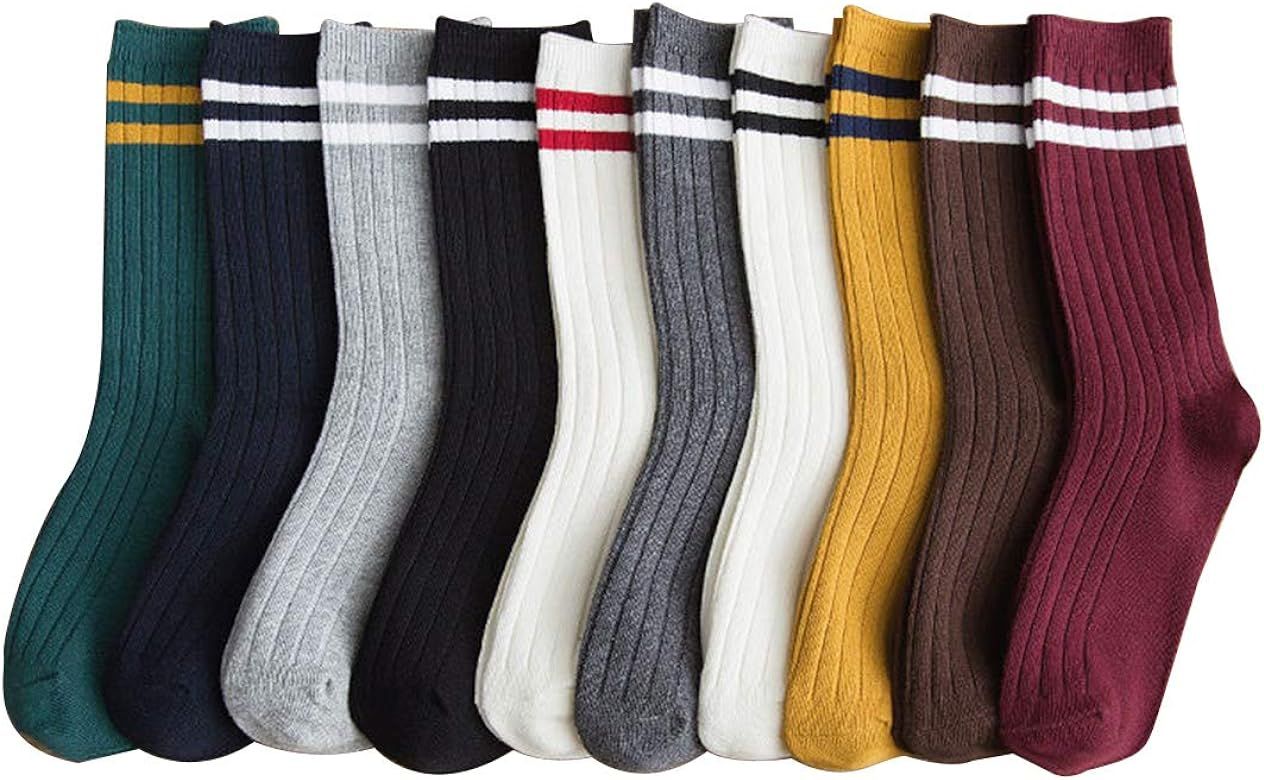 Redwind 10 Pairs Womens Fashion All Season Women's Crew Socks Simple Striped Ten Colors Socks Cas... | Amazon (US)