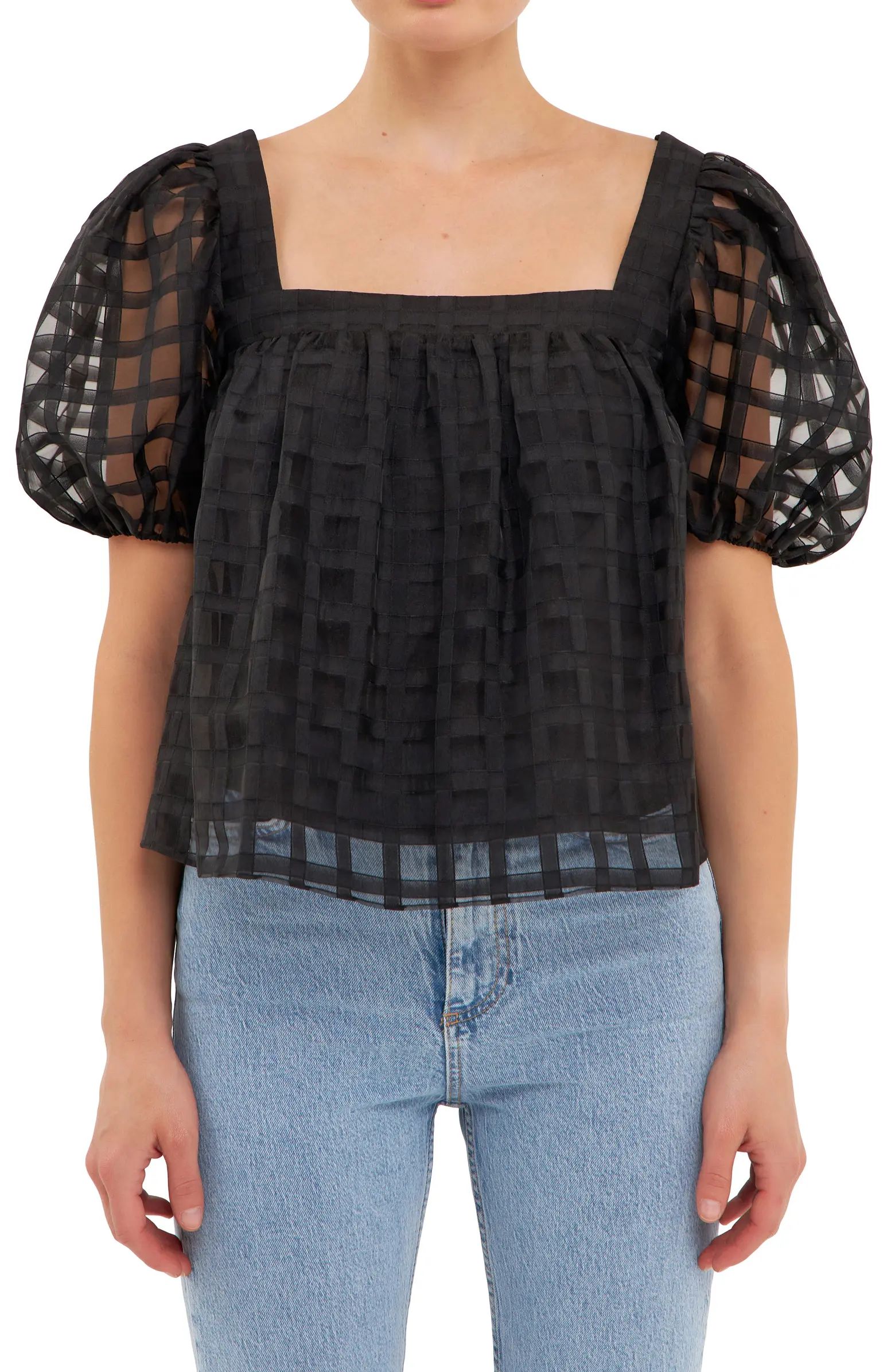 Grid Pattern Puff Sleeve Organza Top | Nordstrom