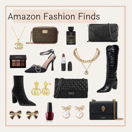 Amazon Fashion Finds!! Black boots, black heels, gold jewelry, lipstick, eye shadow, and perfume! Black crossbody purse and handbag! 

#LTKunder100 #LTKshoecrush #LTKitbag