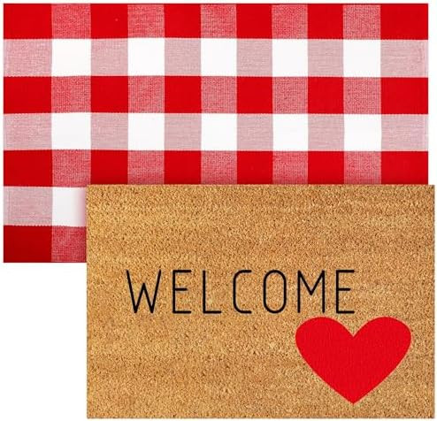 2 Pcs Valentine's Day Coir Welcome Doormat Valentine's Day Rug Outdoor Layered Buffalo Plaid Red ... | Amazon (US)