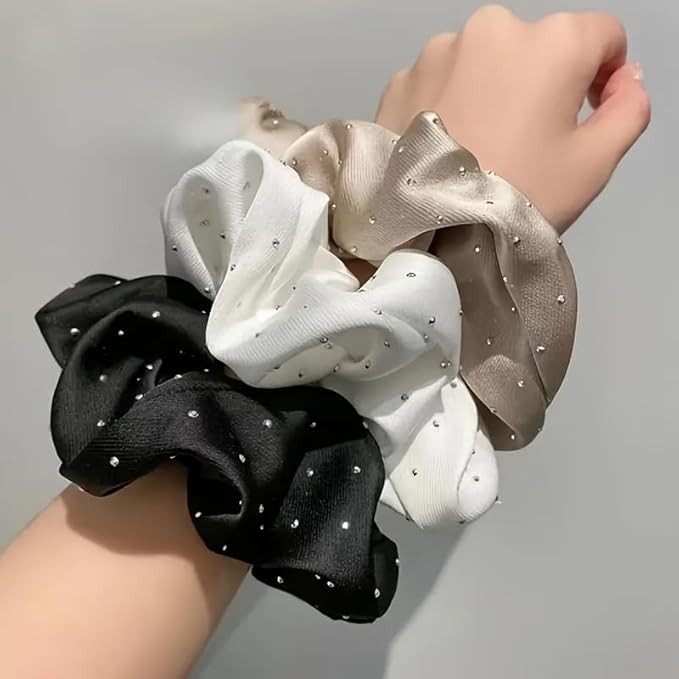 3pcs Elegant Satin Hair Scrunchies Set - Soft Fabric Hair Ties with Sequin Accents, Vintage Style... | Amazon (US)