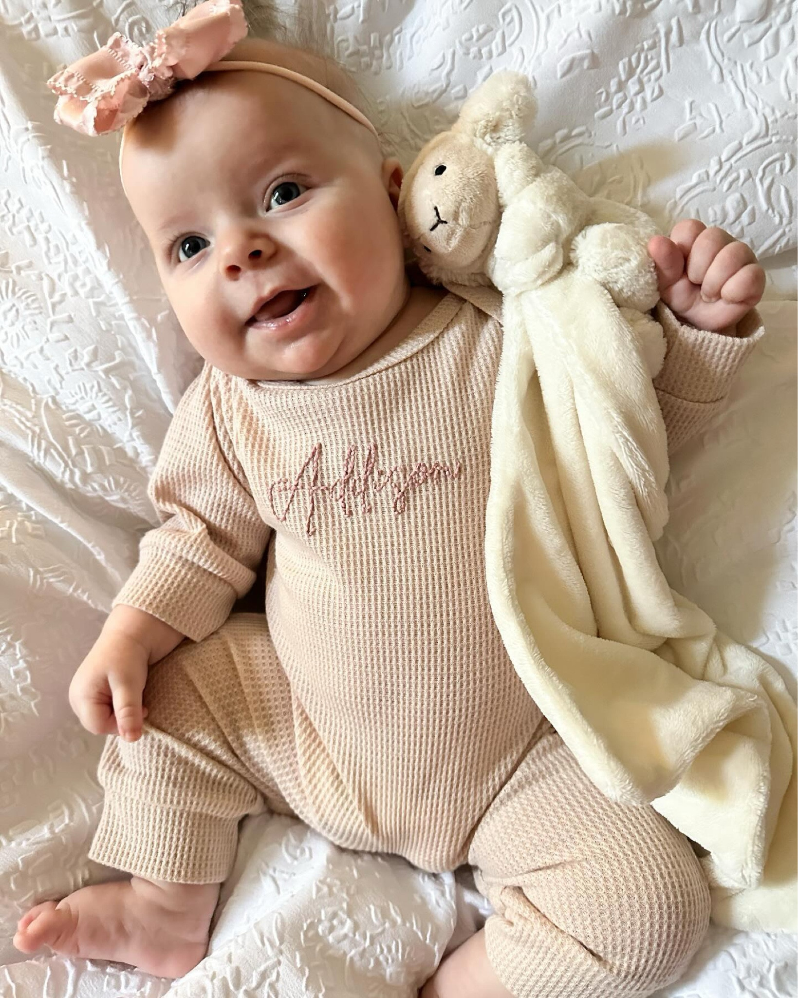 Addison’s #ootd • A simple waffle romper that her Mimsy made extra special by hand embroidering her name on, plus a @jellycat lovey from her Granny B. I had a whole list of things I wanted to accomplish today but opted for a few more contact naps and snuggles instead. 🤍

Lovey linked in bio

#jellycat #baby #babygirl #babylove #sunday #easysunday