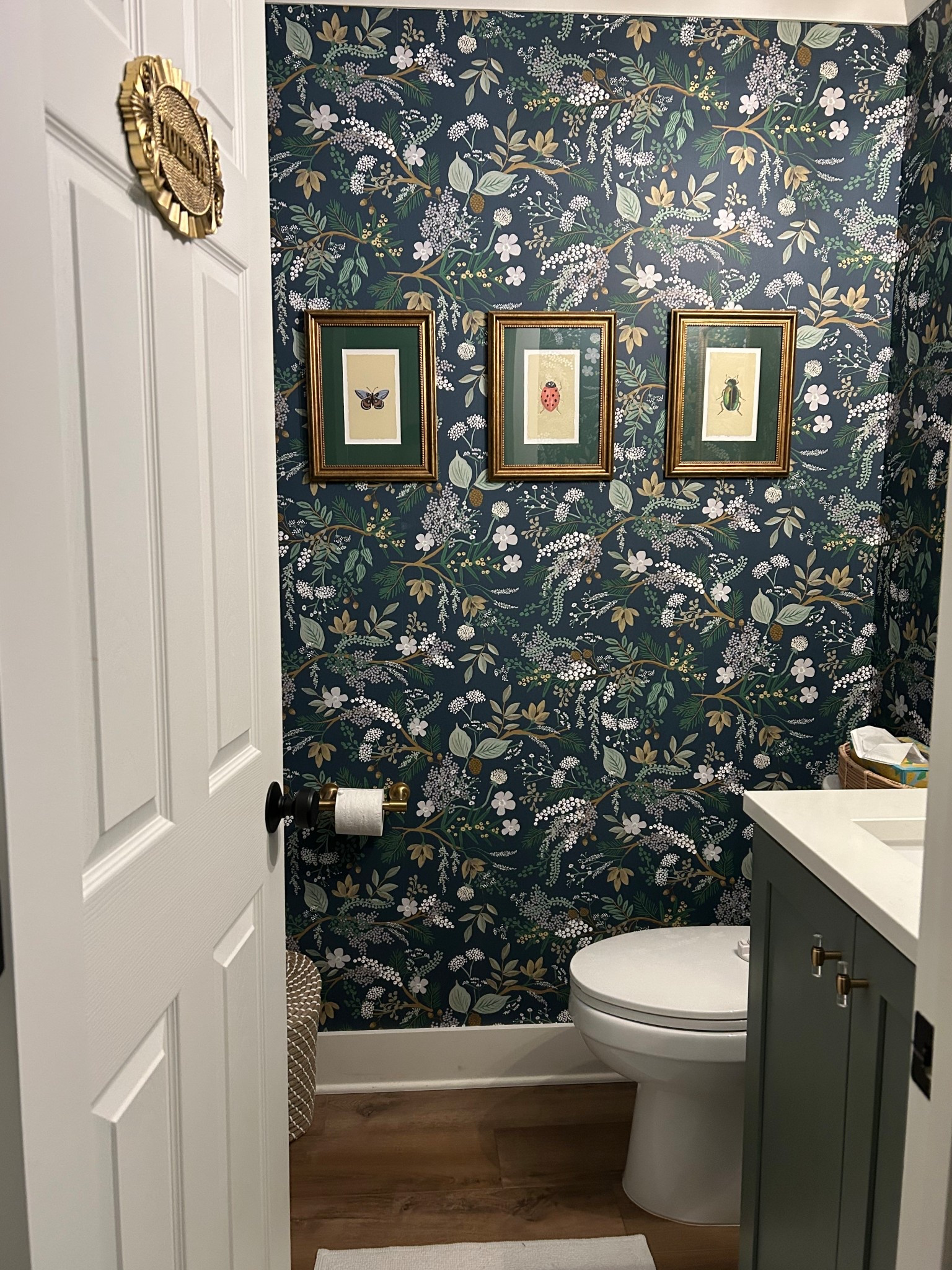 Guest bathroom
Half bath
Bathroom wallpaper
Rifle paper co
Framed art 

#LTKFindsUnder100 #LTKHome #LTKFamily