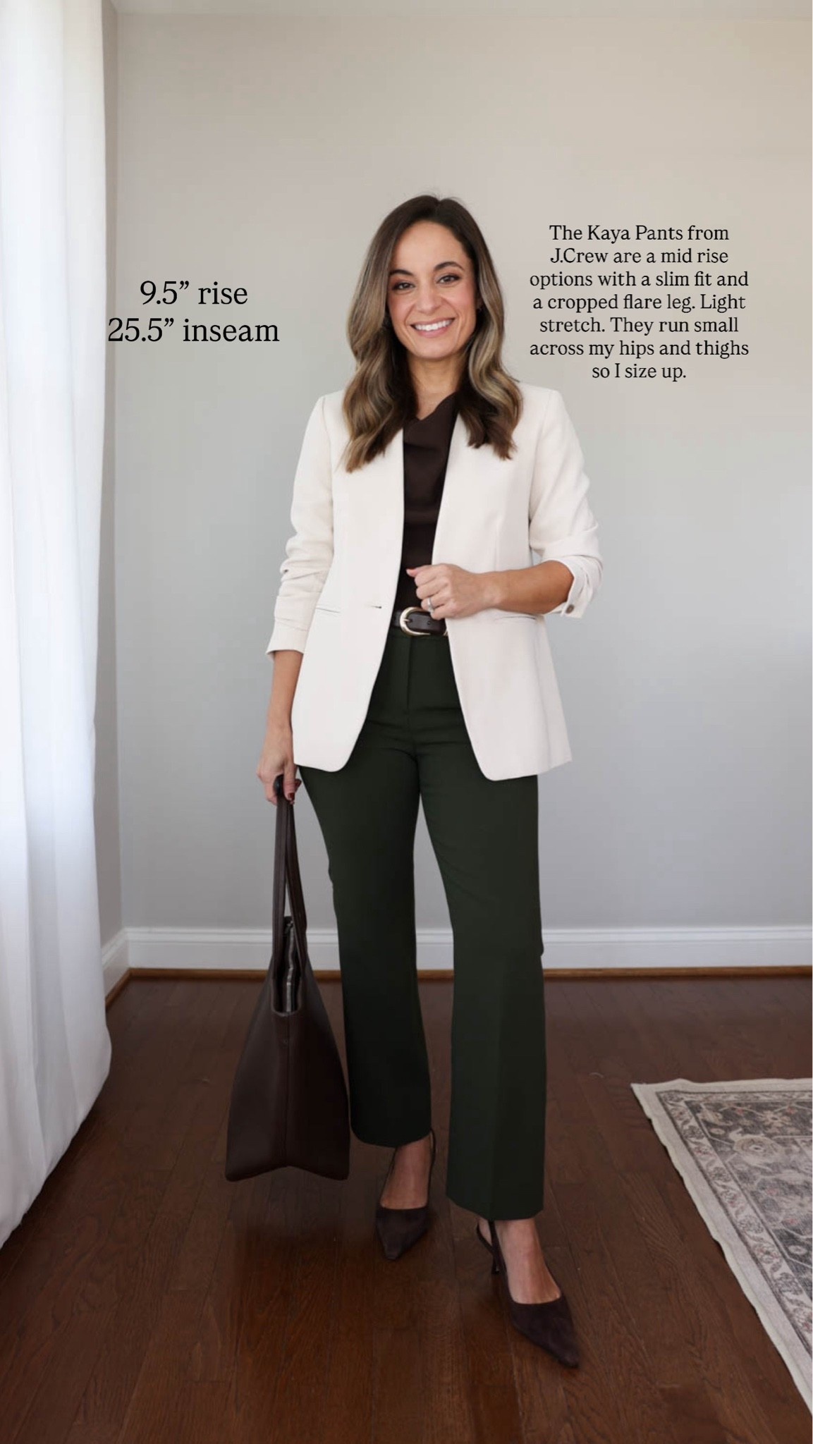 Ten petite-friendly pants in different styles and fits with rise and inseam measurements for each. 

I’m listing the size I wear in each one, the measurements are taken from that size. For comparison I have a 24” waist, 36” hips, 25” ankle inseam and a 27.5” - 28” full length inseam. I need a heel with all inseams over 28” 

J.Crew Kaya Pants: 0 petite / 9.5” rise / 25.5” inseam (size up) these are 40% off this weekend!

Draped top (shown in brown): xs 
Ann Taylor Ivory Blazer: petite 00

#LTKPetite #LTKWorkwear