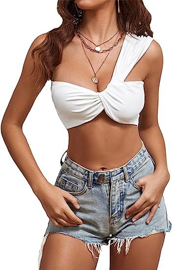 Floerns Women's Solid One Shoulder Ruched Summer Crop Cami Top | Amazon (US)