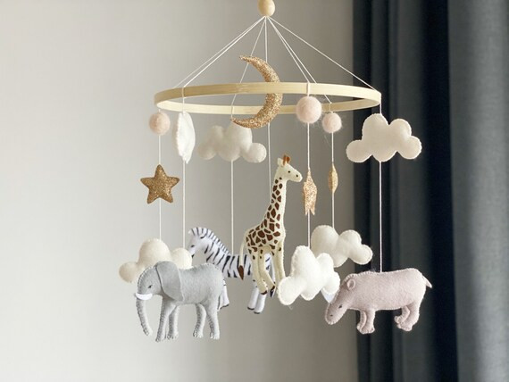 Baby mobile neutral animals Africa nursery mobile felt Africa safari giraffe, zebra and elephant.... | Etsy (US)