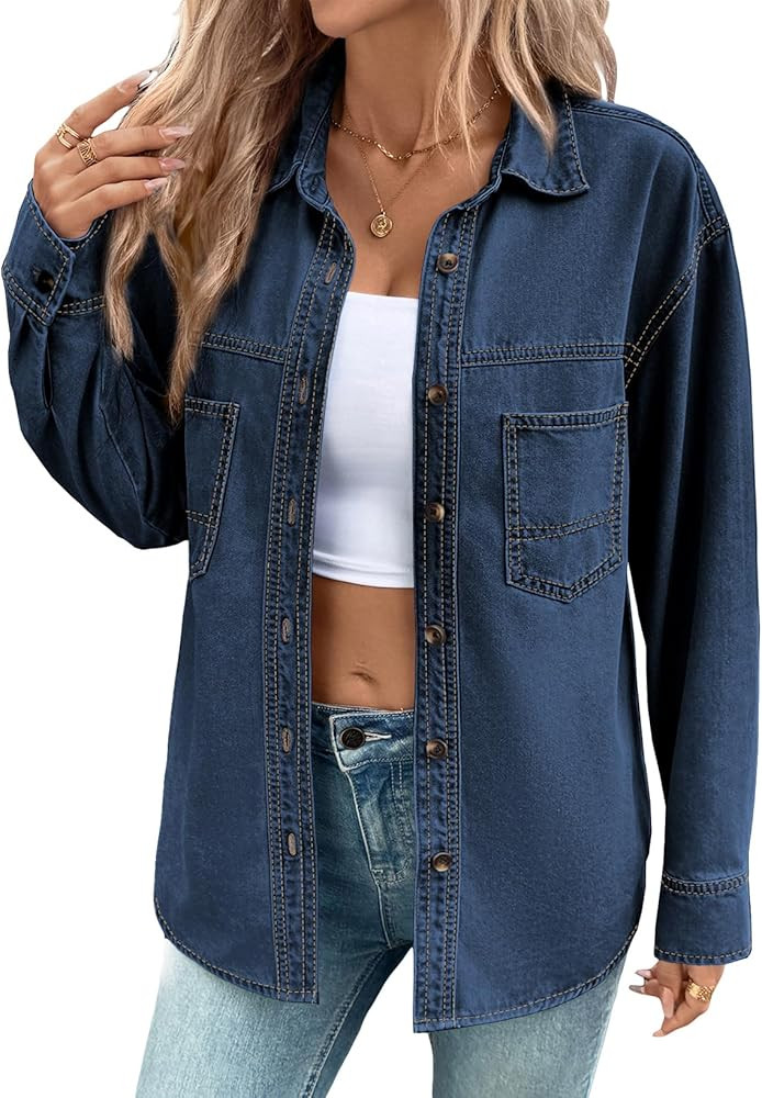 Sidefeel Women Denim Shirts Oversized Long Sleeve Button Down Blouse V Neck Casual Top Shackets | Amazon (US)