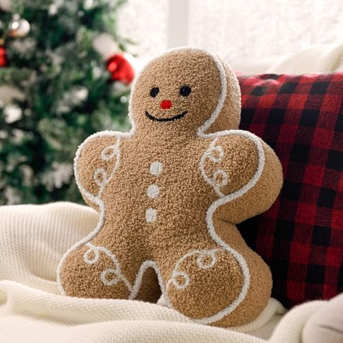 Phantoscope Gingerbread Man Merry Christmas Throw Pillow, Plush Teddy Xmas Gingerbread Shaped Pillows Christmas Decorative Pillow for Couch Living Room Bed, Beige,13 x 17 inches | Amazon (US)