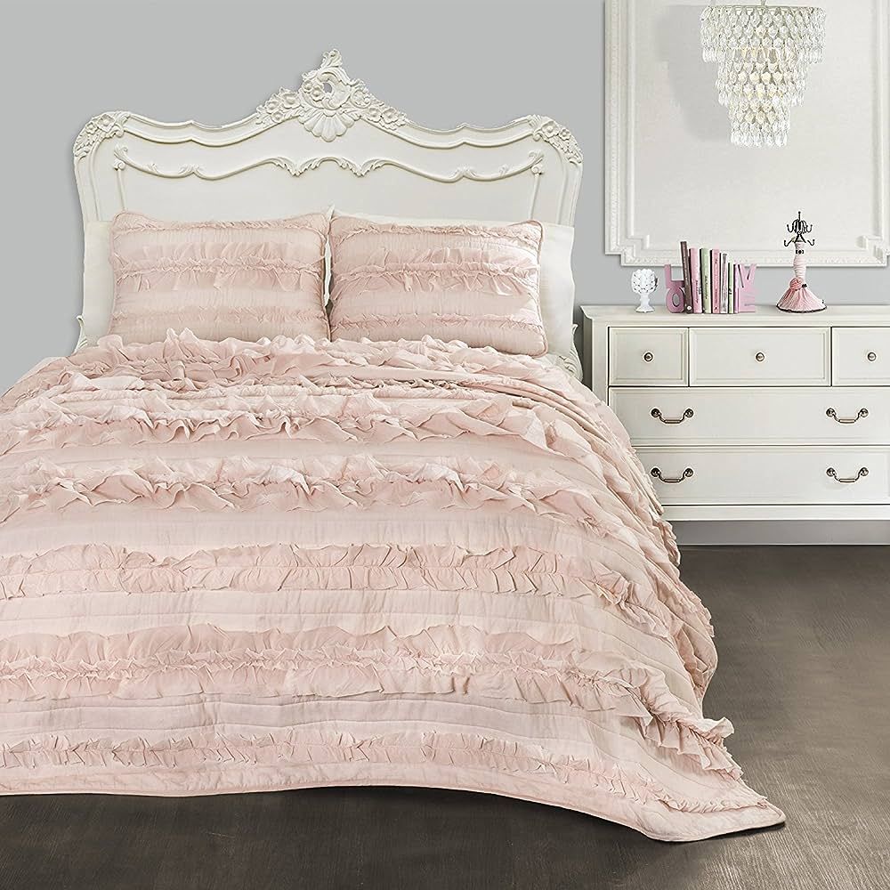Lush Decor Belle 3 Piece Ruffled Vintage Chic Blush Comforter Set with Bed Skirt and Pillow Sham,... | Amazon (US)