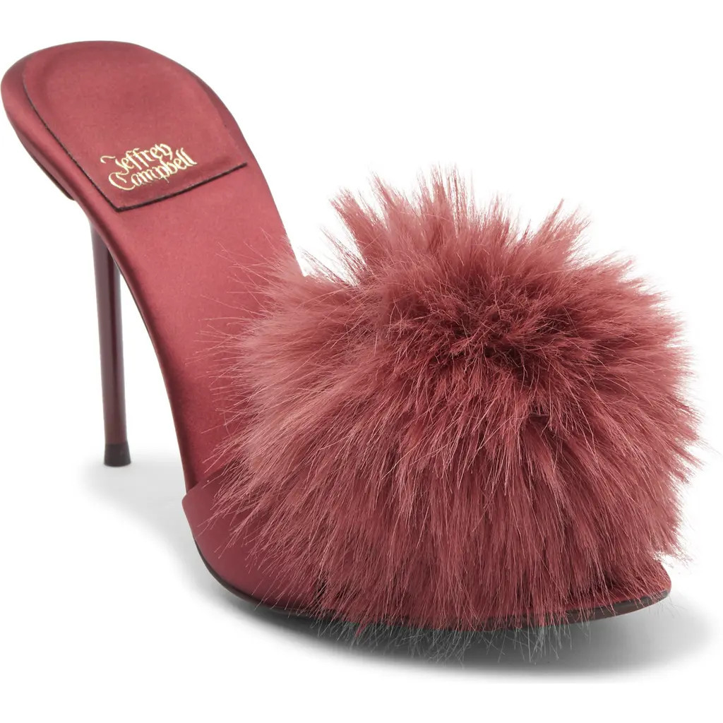 Jeffrey Campbell Shopaholic Faux Fur Pom Slide Sandal in Wine Satin Combo at Nordstrom, Size 7.5 | Nordstrom