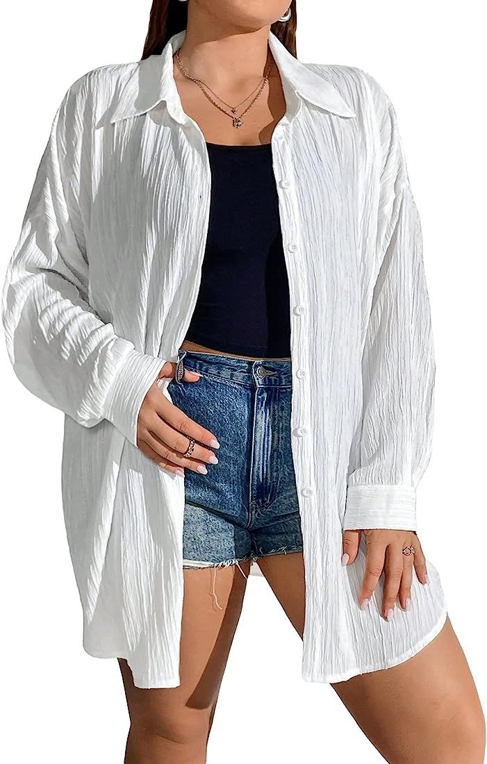 MakeMeChic Women's Oversized Button Down Shirts Collared Button Up Shirt Blouse Top | Amazon (US)