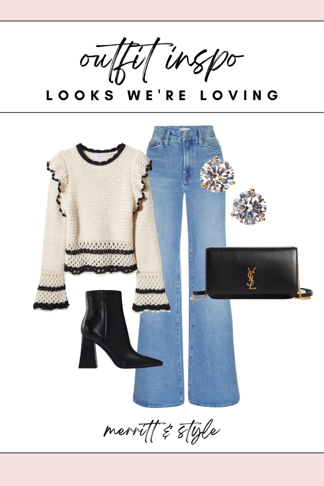 Black and white sweater, wide leg jeans outfit, idea wide leg denim, wide, leg pants, sweater and jeans outfit black booties, designer, black bag 

#LTKstyletip #LTKunder50 #LTKsalealert