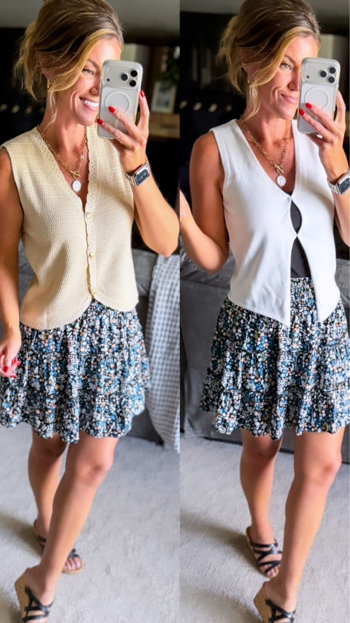 Left or right??? Can’t decide what sweater vest I like best with this skirt…
Vests/ small
Skirt/ medium