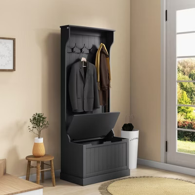 Okak 28IN Entryway Hall Tree with 4 Metal Hooks, Coat Tree with Shoe Storage and Top Door, Freestanding Coat Rack for Living Room, Entryway, Black | Target