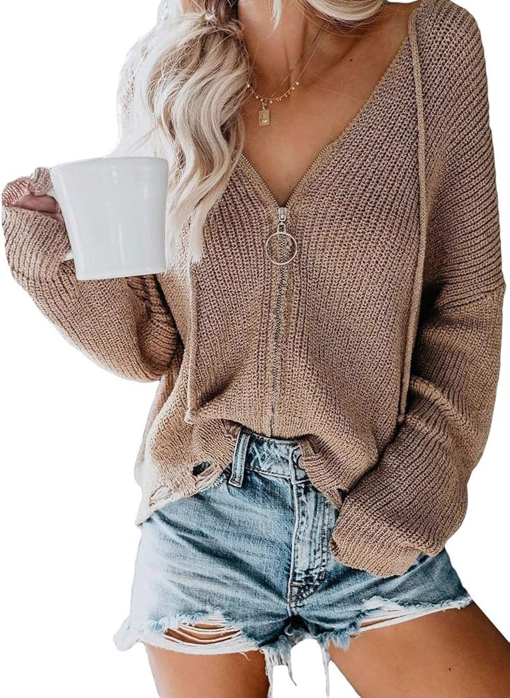 Women Hooded Cardigan Sweater Slouchy Knit Jacket Zip Up Lightweight Cute Knitted Coat | Amazon (US)