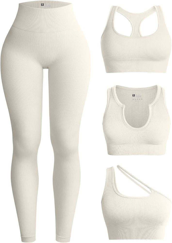 OQQ Womens 4 Piece Workout Outfits Ribbed Yoga High Waist Leggings with 3 Piece Crop Tops with Sp... | Amazon (CA)