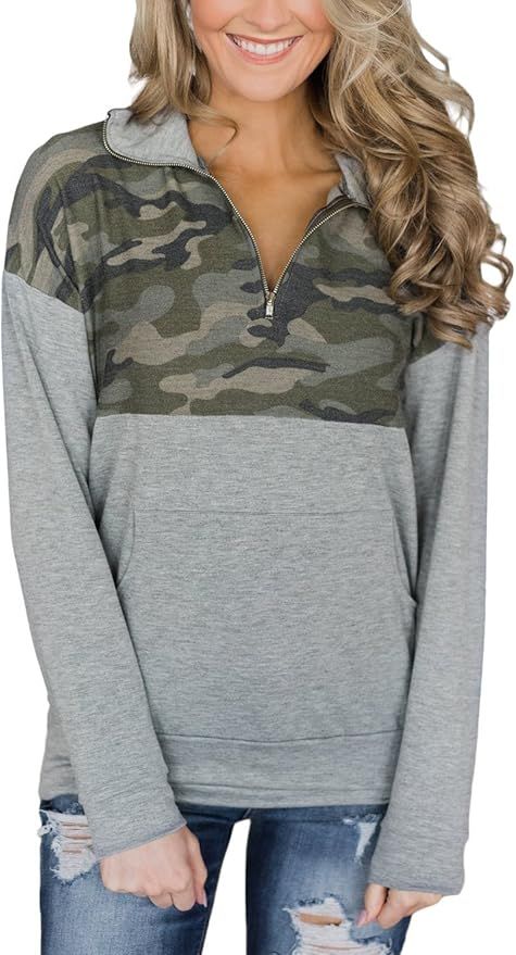 AlvaQ Women Quarter Zip Color Block Pullover Sweatshirt Tops with Pockets(9 Colors,S-XXL) | Amazon (US)
