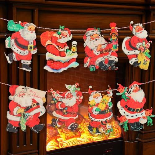Cinnvoice 6.56 ft Vintage Christmas Santa Banners Christmas Decorations Wooden Garland Hanging Decorations Xmas Banner for Xmas Party Home Office Mantle Wall Outdoor Indoor | Amazon (US)