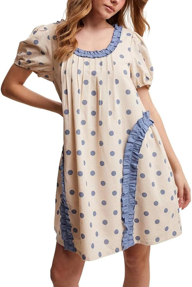 Women Polka Dot Short Babydoll Dress Puff Sleeve Flowy Mini Dress Square Neck Bow Tie Ruffle Summ... | Amazon (US)
