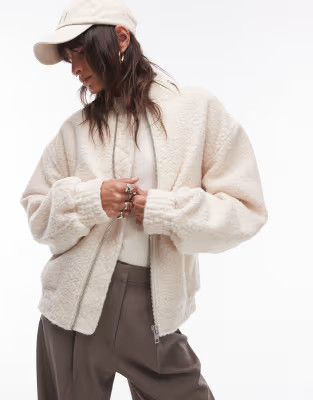 Topshop boucle bomber jacket in cream | ASOS (Global)