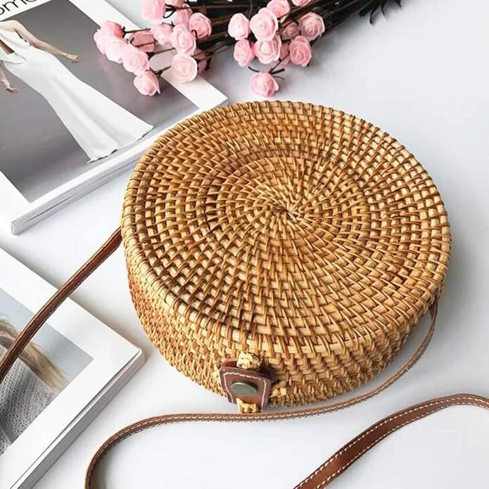 Handwoven Round Rattan Bag Shoulder Leather Straps for Women | Amazon (US)