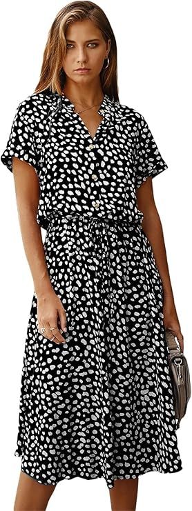 Milumia Women's Button Front Drawstring High Waist Short Sleeve A Line Midi Dress | Amazon (US)