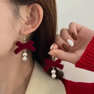 Bow Faux Pearl Drop Earring 1 Pair - Wine Red & Gold - One Size | YesStyle Global