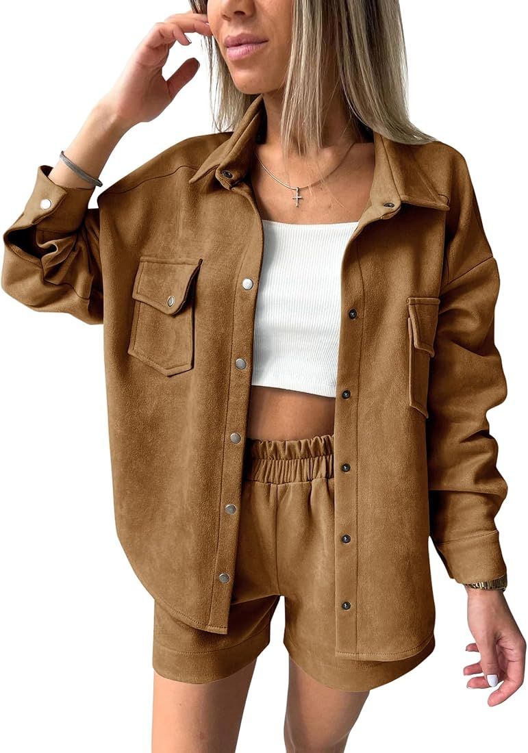 KIRUNDO Womens Fall Fashion 2023 Two Piece Outfits Casual Tracksuit Suede Long Sleeve Shirt Jacke... | Amazon (US)