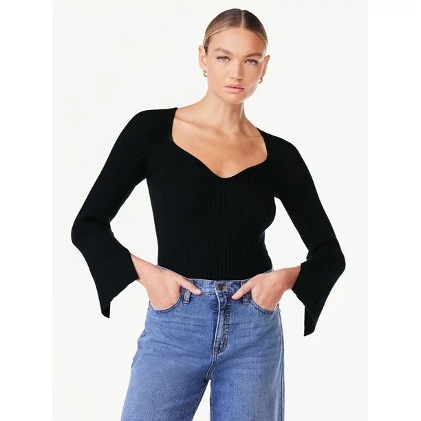 Scoop Women's Ribbed Bodysuit with Sweetheart Neck and Long Sleeves, Sizes XS-XXL - Walmart.com | Walmart (US)