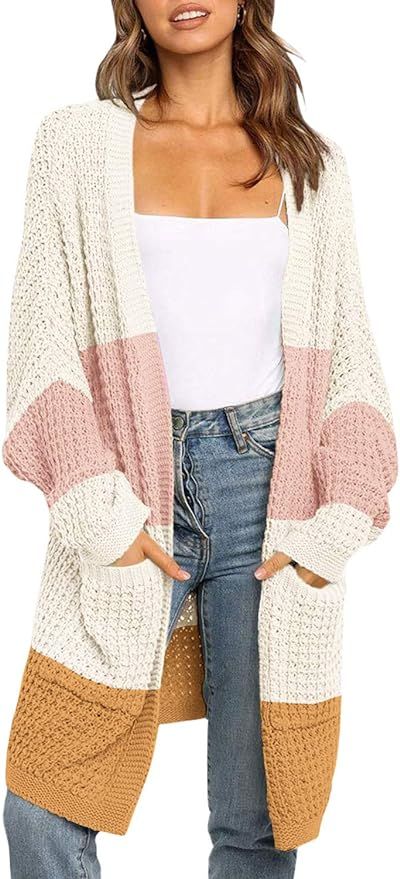 ZESICA Women's Long Batwing Sleeve Open Front Chunky Knit Cardigan Sweater with Pockets | Amazon (US)
