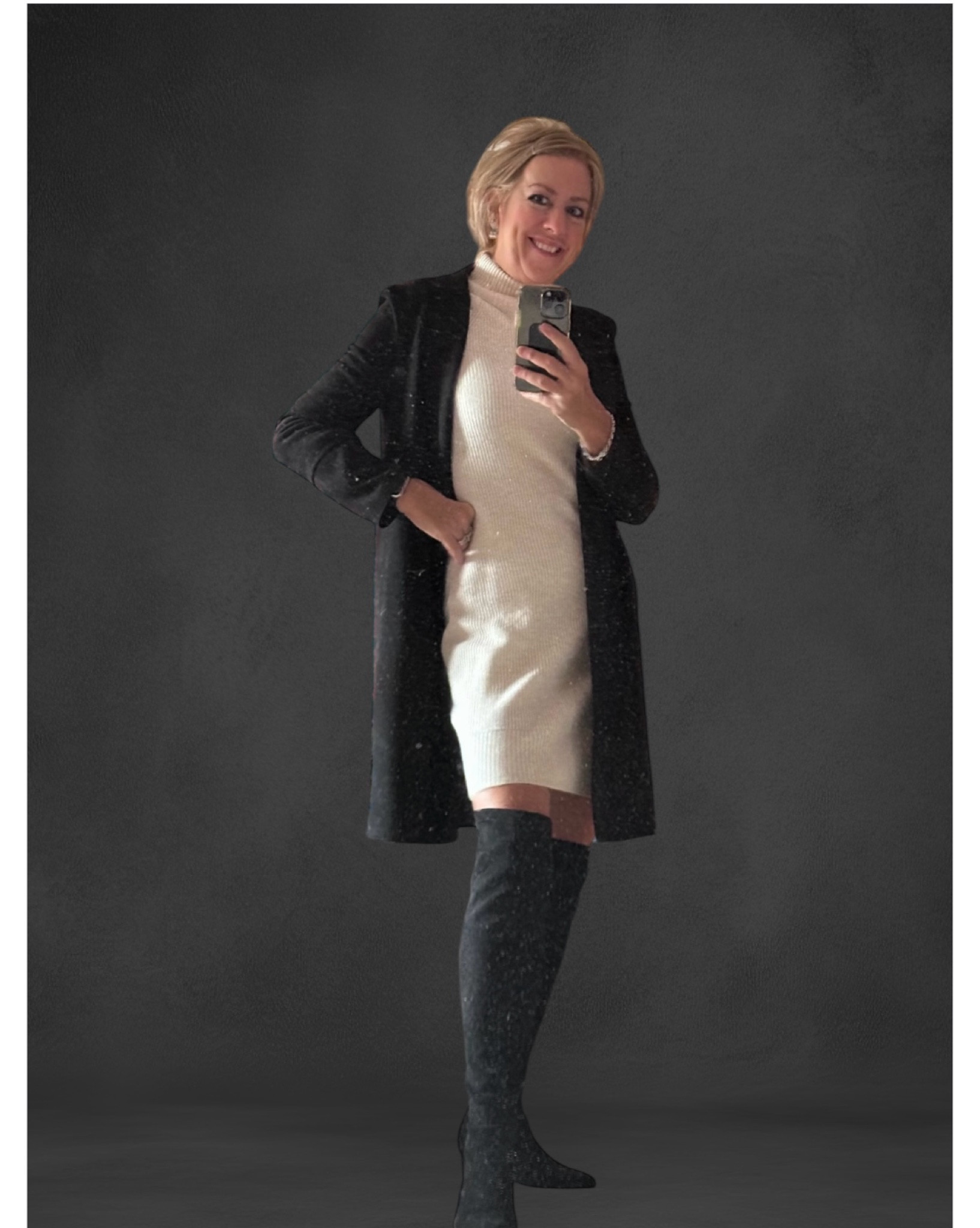 I am missing my summertime glow !  

I always find black washes me out without a tan . 

Wearing this to a celebration of life , 
Cream dress helps to balance the black tone and the knee high boots hide my pale legs .

The jacket is just a light suede overcoat 

I find this time of year difficult to decide on footwear  .  I hate wearing socks , so these boots act as a sock and keep my legs warm .

Dress @rw_co
Overcoat @zara
Boots @amazon

#blackandwhite
#winterwhite
#sweaterdress
#otkboots
#ribknit
#mockneck
#minidress
#fashionablesixties
#celebrating
#lifee



#LTKwinter