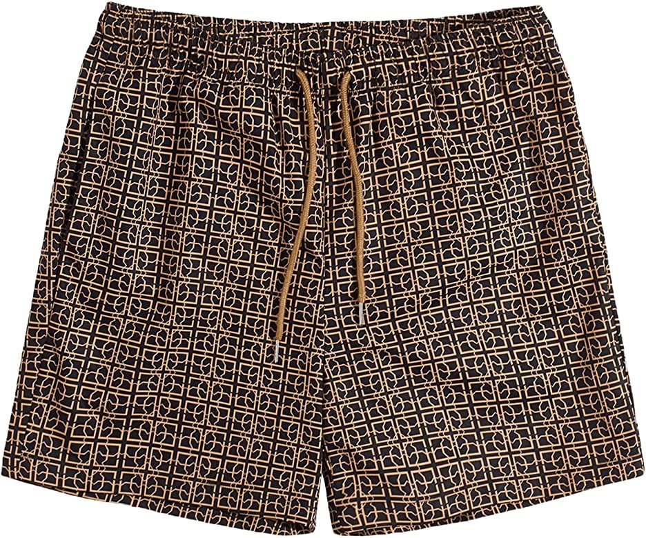 Romwe Men's Drawstring Waist Casual Printed Shorts with Pockets Straight Leg Beach Shorts | Amazon (US)