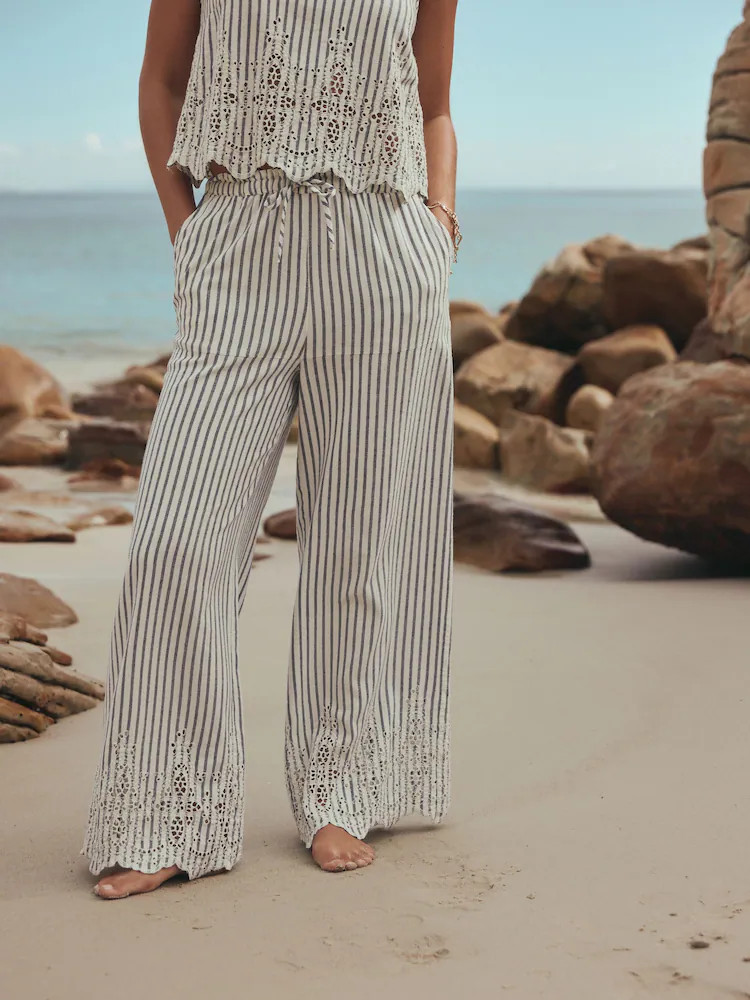 Blue/White Stripe Broderie Wide Leg Trousers With Linen | Next US