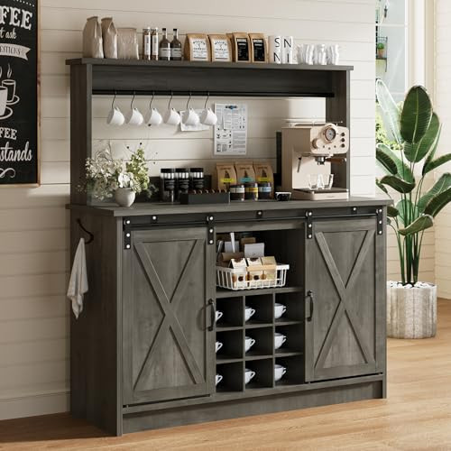 4ever2buy Farmhouse Coffee Bar Cabinet with Hutch, 47 Inch Wine Bar with Storage, Buffet Cabinet with Adjustable Shelves & 9 Wine Racks, Kitchen Buffet Cabinet for Dining Living Room, Grey | Amazon (US)