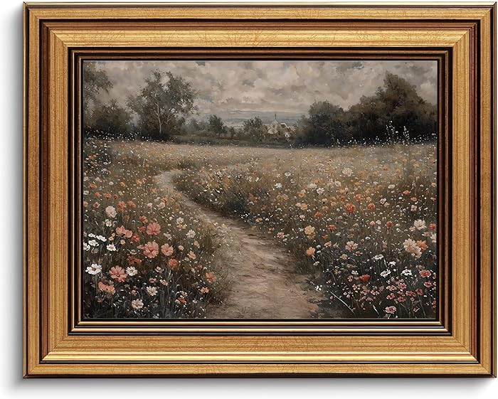 Gold Framed Wall Art Vintage Canvas Wall Art Flowers Path Wildflower Floral Artwork Prints Pictur... | Amazon (US)