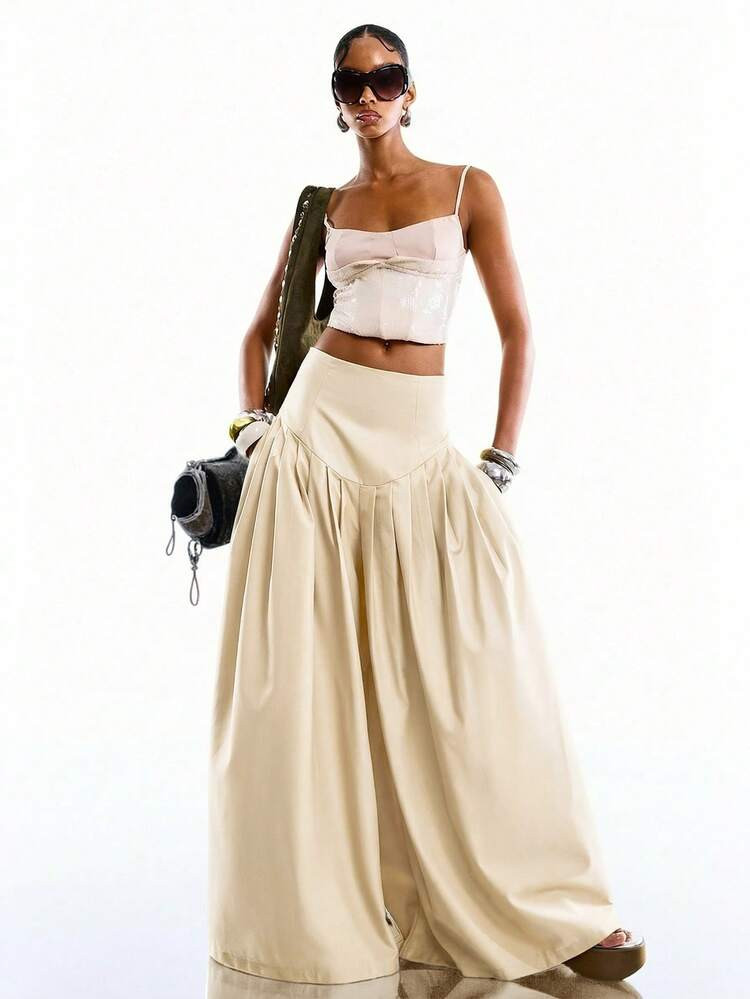 LYSMO 2026 New Minimalist Pleated Wide-Leg Pants In Beige, Suitable For Commuting, Spring | SHEIN