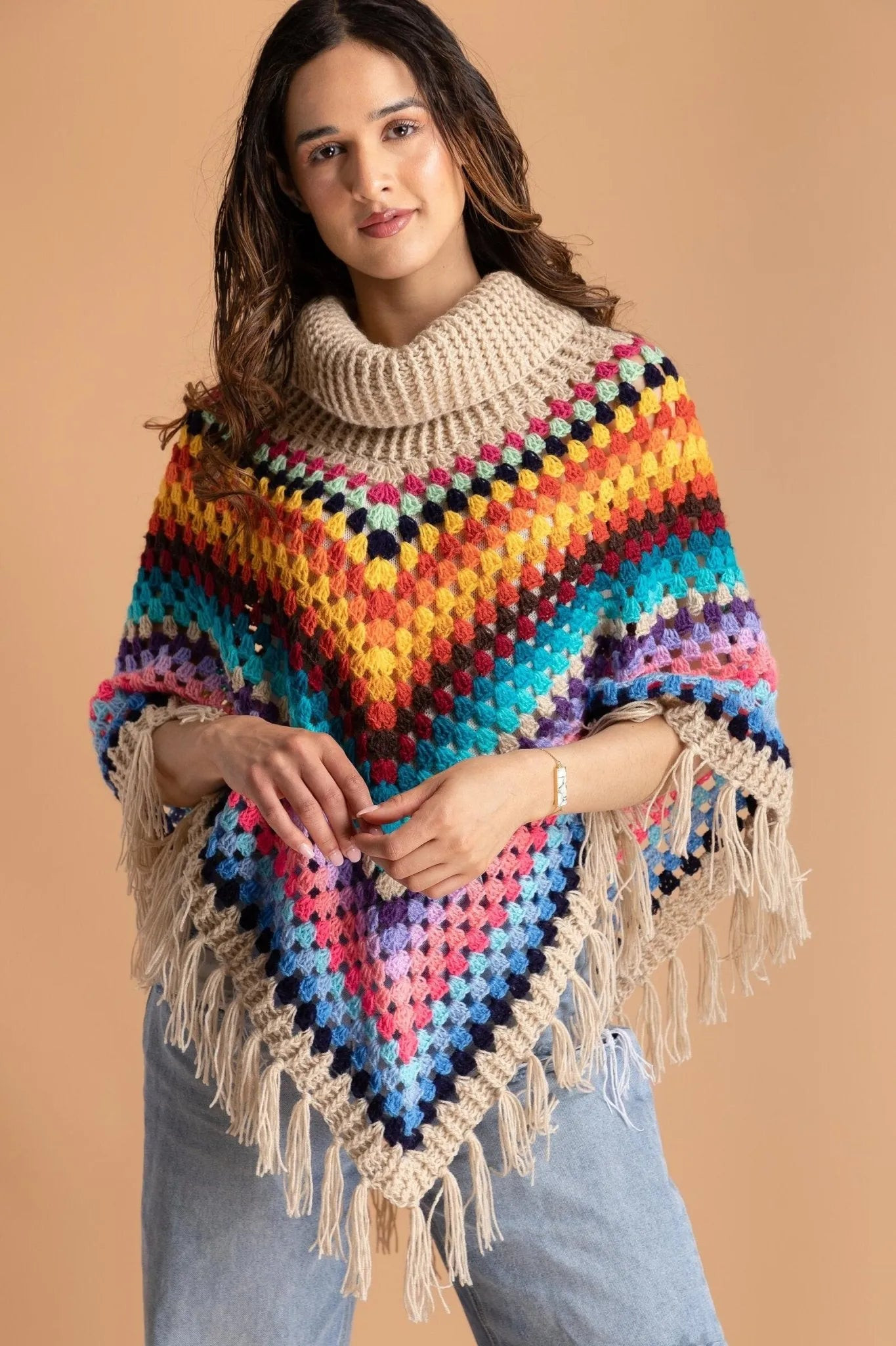 Rainbow Crochet Turtleneck Sweater Poncho | Saachi