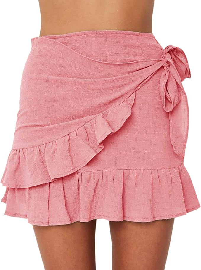 Jeanewpole1 Womens Floral Mini Skirts Wrap Pleated Ruffle Hem Cute Beach A Line Short Skirts | Amazon (US)