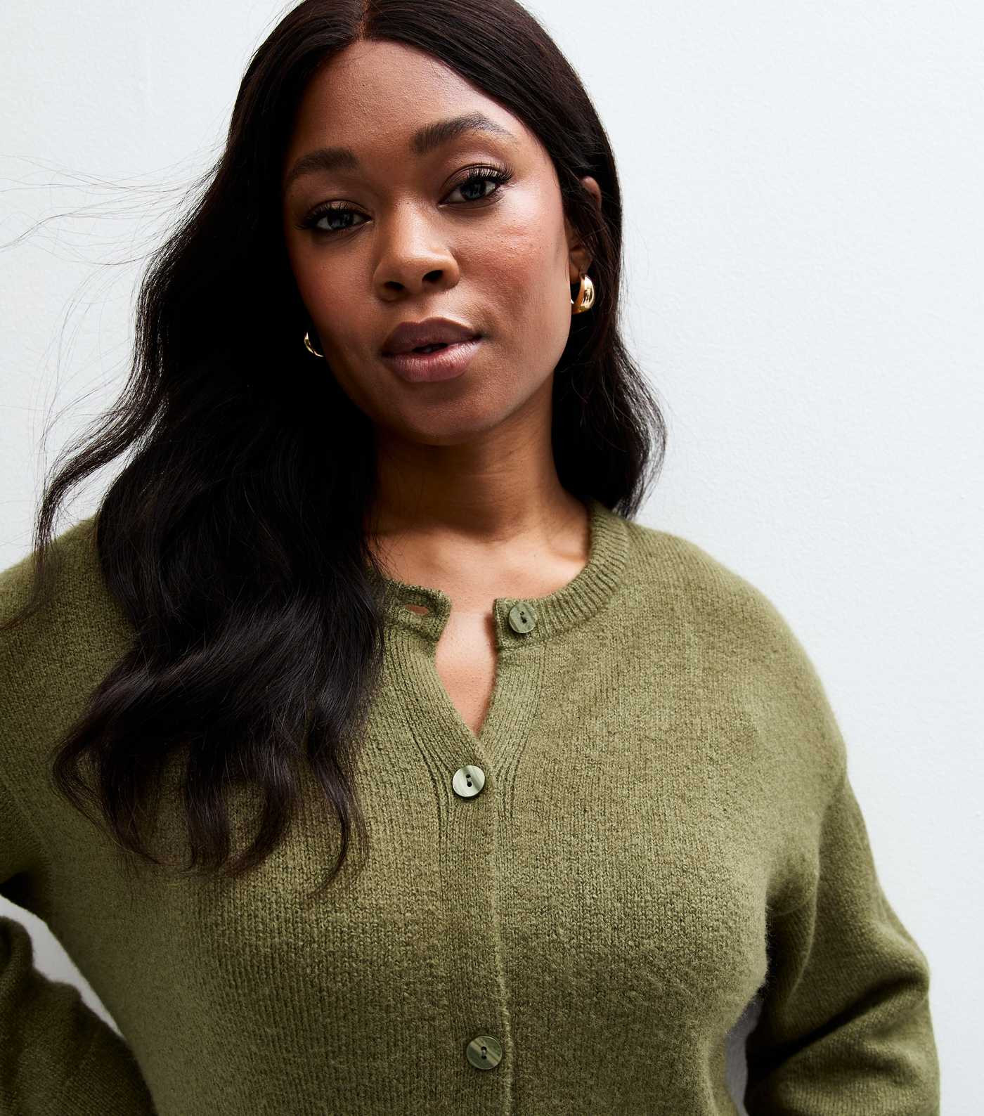 Curves Khaki Crew Neck Button Up Cardigan | New Look | New Look (UK)