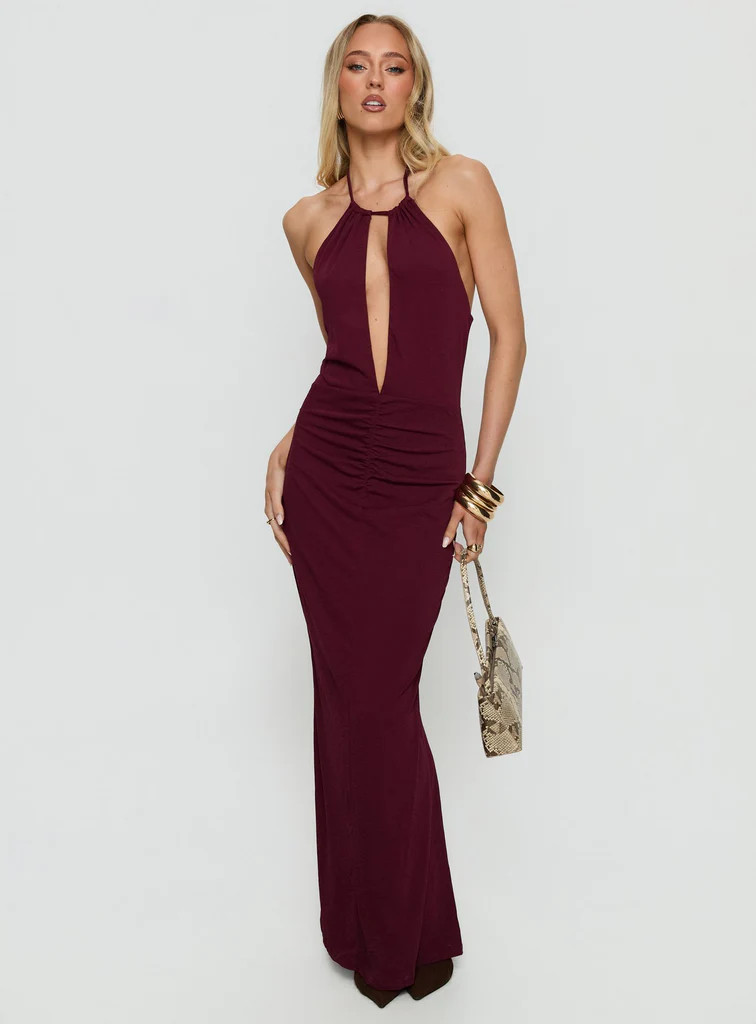 Lyssa Halter Plunge Maxi Dress Plum | Princess Polly US
