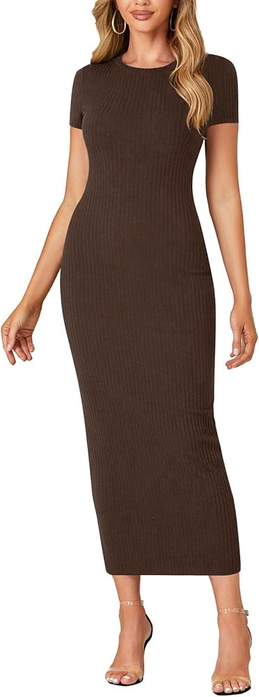 Umenlele Women’s Casual Short Sleeve Ribbed Knit Bodycon Fitted Pencil Long Maxi Dress | Amazon (US)