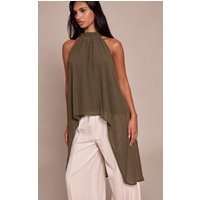 Khaki Chiffon Highneck Extreme Longline Top | PrettyLittleThing UK