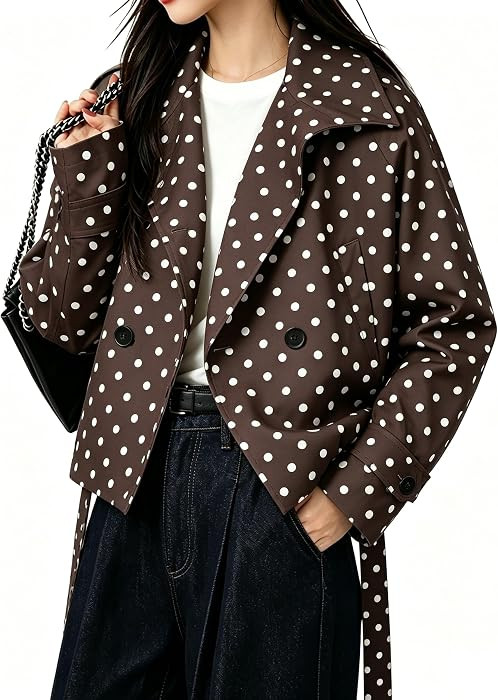 EsheSy Womens Cropped Polka Dot Jackets Casual Coat with Belt(Coffee-S) | Amazon (US)