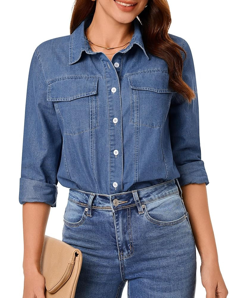 GRAPENT Denim Button Down Shirts for Women Long Sleeve Western Casual Lightweight Collared Pocket... | Amazon (US)