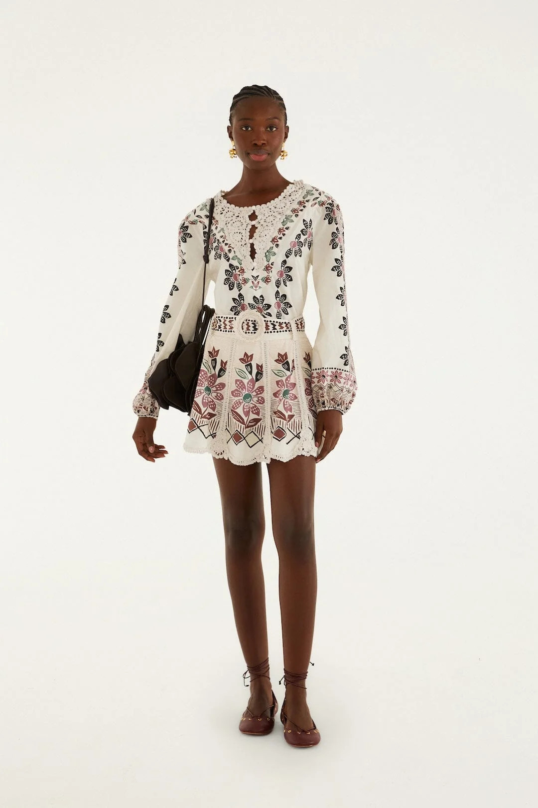 Off-White Ainika Rustic Flowers Crochet Detail Mini Skirt, ORANGE / XL | FarmRio (US)