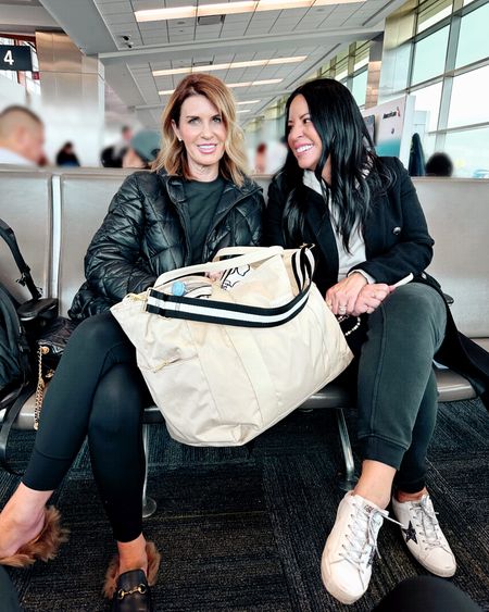 Airport sitting //what we wore. Shalia Canvelle Crew medium top/ Vuori bottoms small// jacket quilted jacket mango small// Gucci slides true to size /Canvelle large weekender use code SPOILEDHOME15; Sandi: top Canvelle hoodie large; bottoms scuba high rise jogger #tts ; shoes Golden Goose #tts ; weekender medium ; jacket is old from @express ; 

#LTKFind #LTKtravel #LTKstyletip